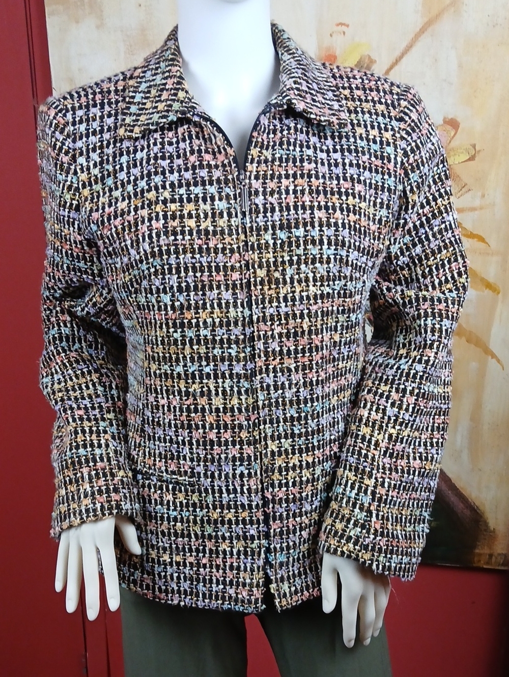 Vintage Sag Harbor Petites Size 10P Multi Color Metallic Tweed Zip Up Jacket